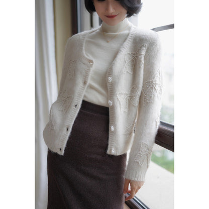 Embroidered mohair cardigan with bow