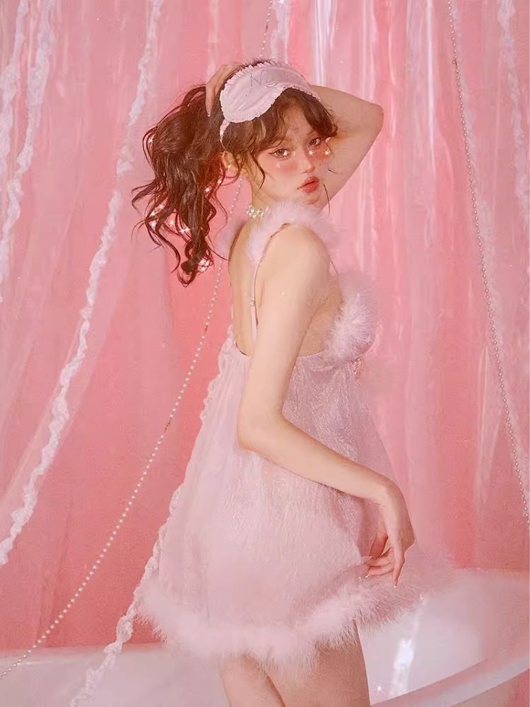 Sexy Pajamas Pink Halter Dress Robe Set【s0000006583】