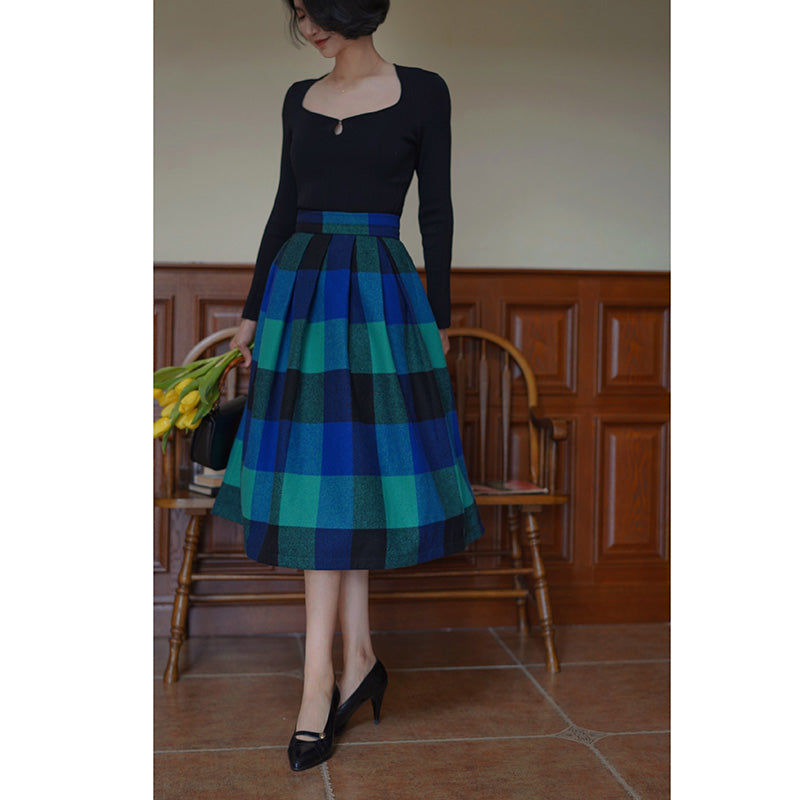 Indigo Green Plaid Retro Umbrella Skirt