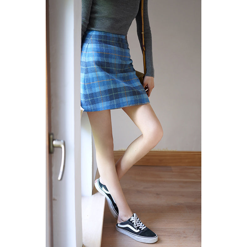 Blue indigo plaid wool tight skirt