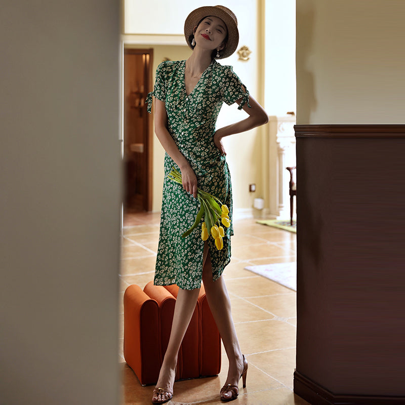 Green Bouquet French Retro Dress