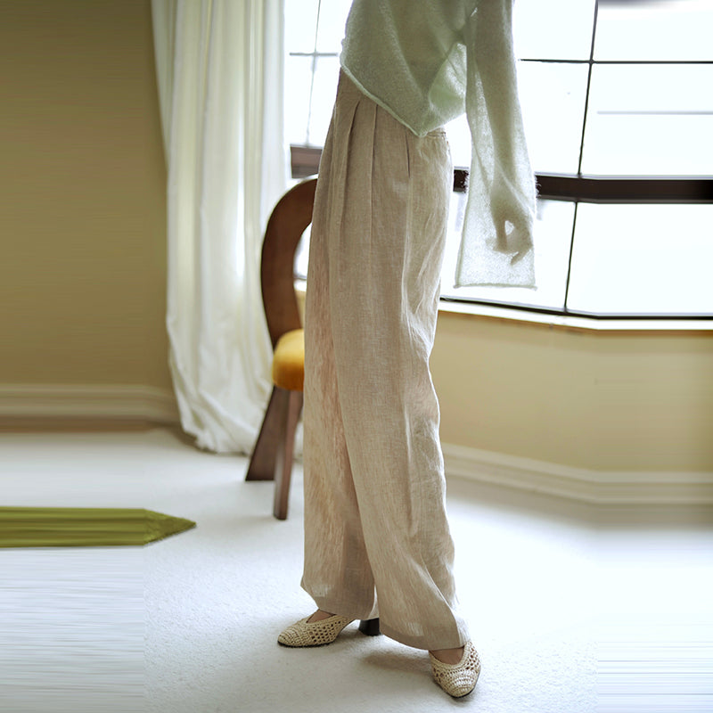 White Brown Lady Wide Leg Linen Pants