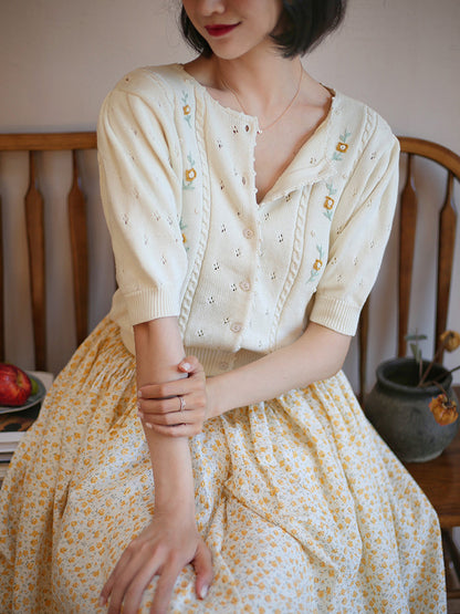 Ivory Flower Embroidered Knit Cardigan