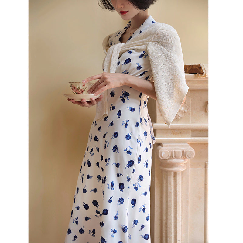 Ultramarine Rose Pattern Retro Dress