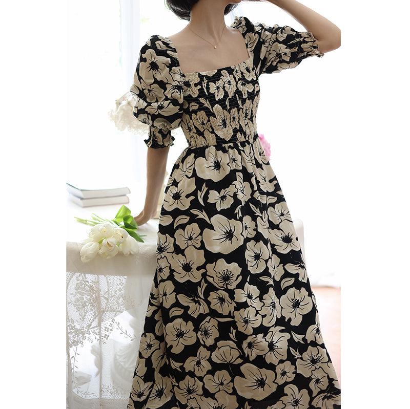 Jet black flower retro dress