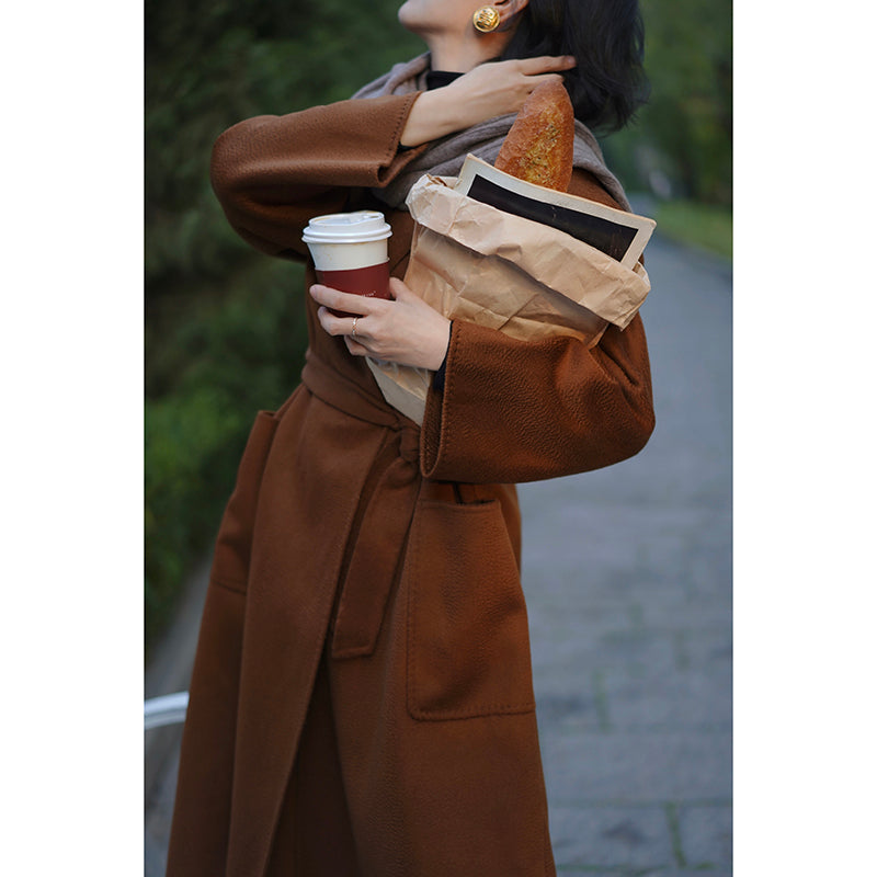 Gray Brown Lady Classical Long Wool Coat