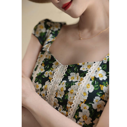 Dark Green Flower Crowd Hepburn Dress