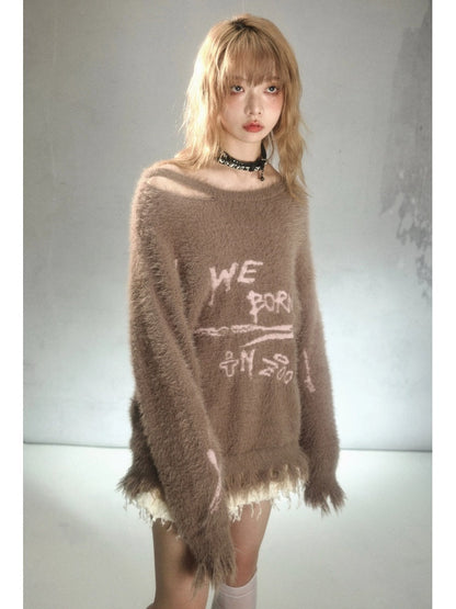 Punk Graffiti Jacquard Mink Lazy Pullover Sweater Chocolate Brown【s0000003880】