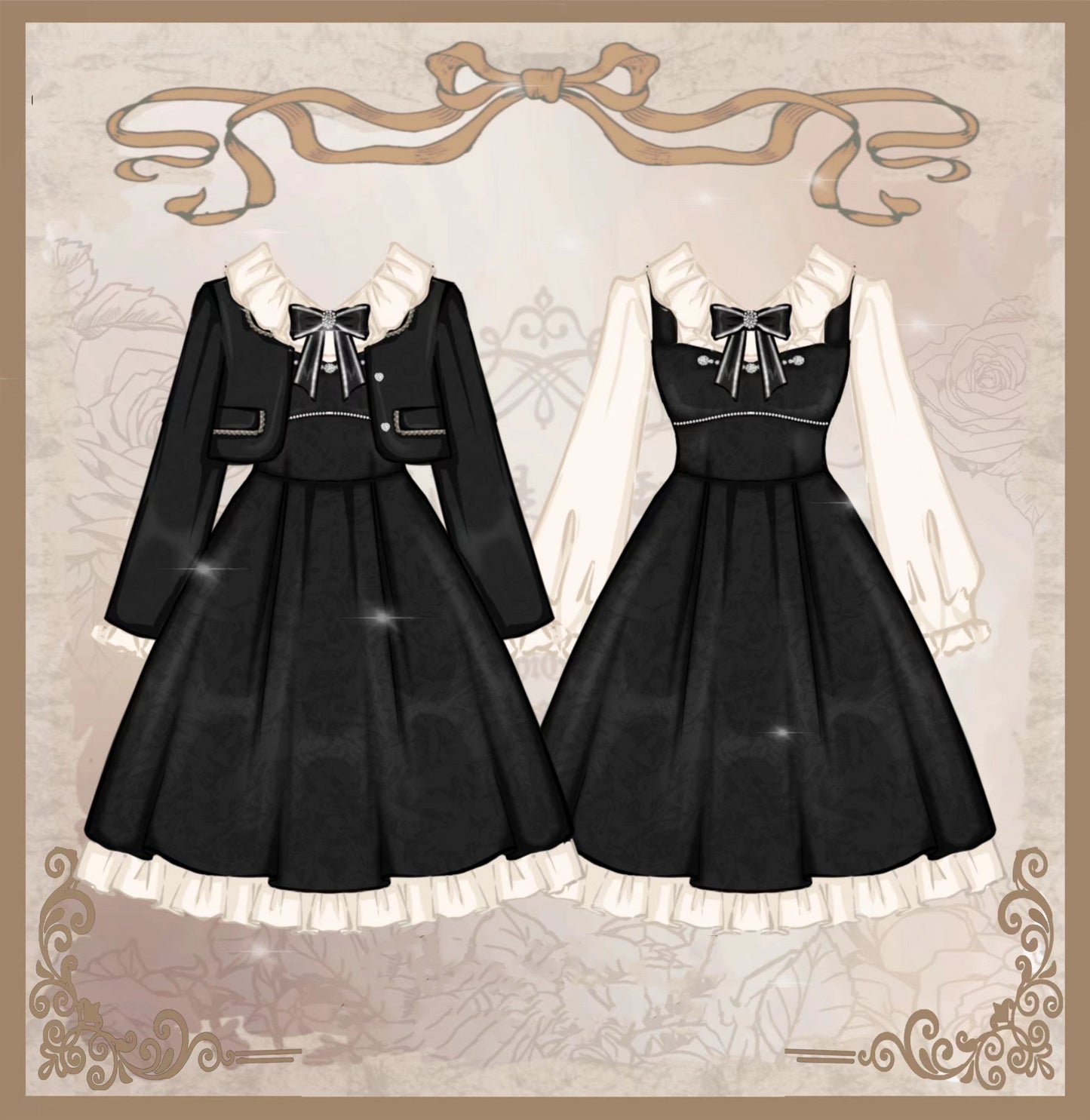Yingtang - Plus Size Lolita French Retro Dress Set