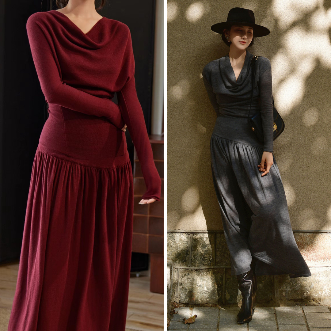 Mellow knit tops and knit long skirts