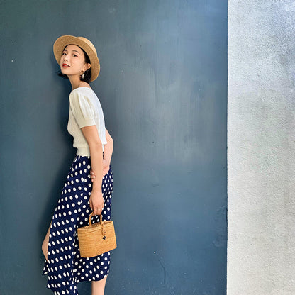 Navy blue polka dot asymmetric skirt