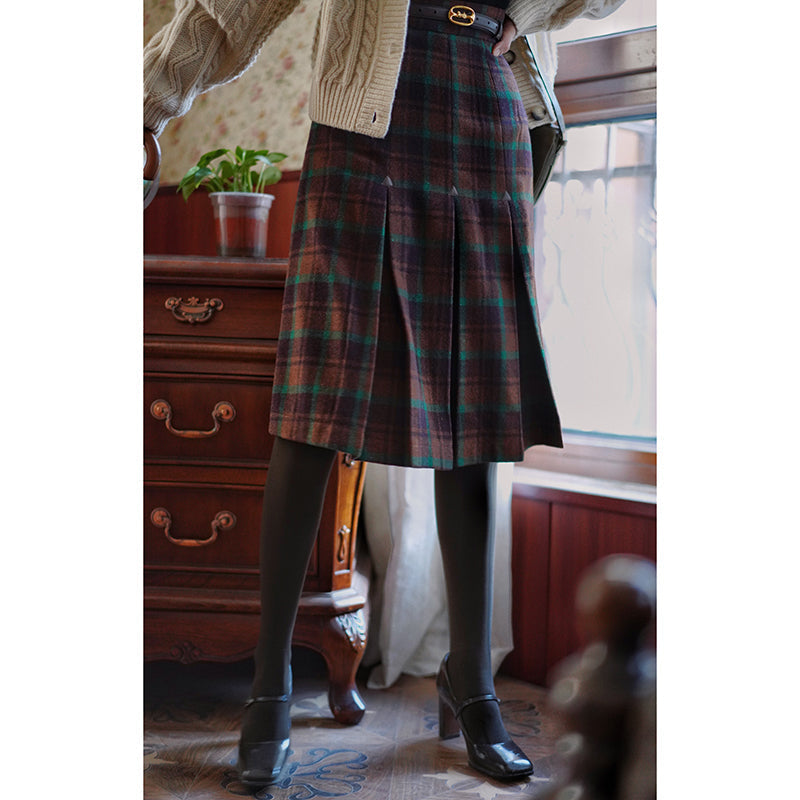 Dark brown plaid classical pleated skirt