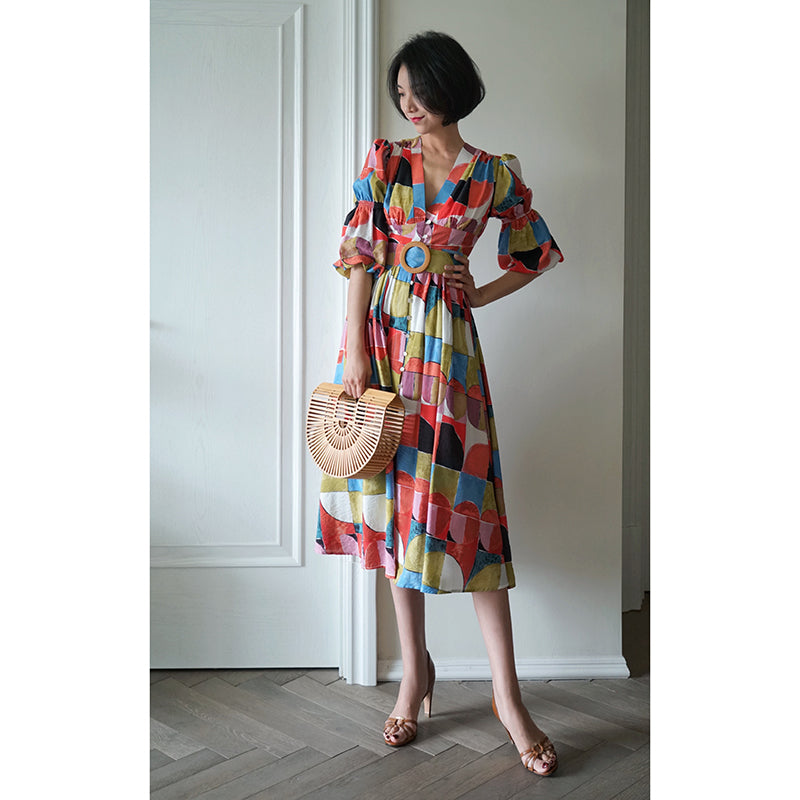 Geometric pattern oil painting dress