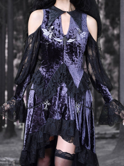 Gothic Velvet Open Shoulder Lace Flower Blouse【s0000003868】