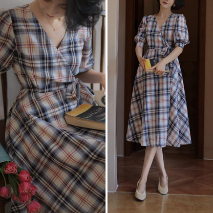 Indigo red plaid retro dress