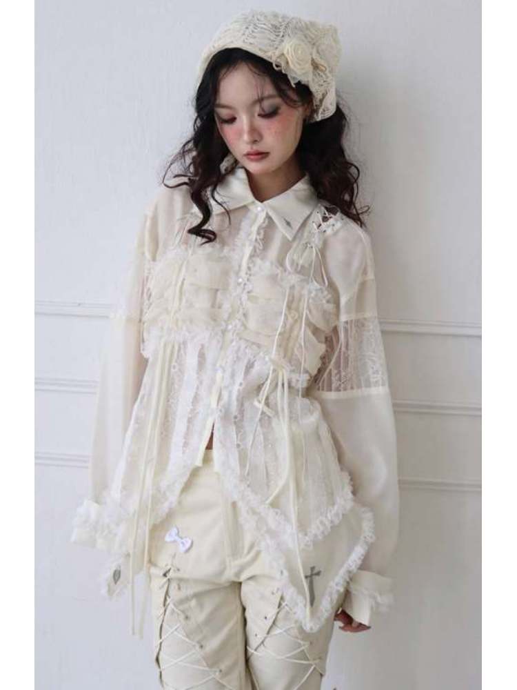 Lace-Up Crosses Embroidery Chiffon Lace Trim Shirt【s0000008151】