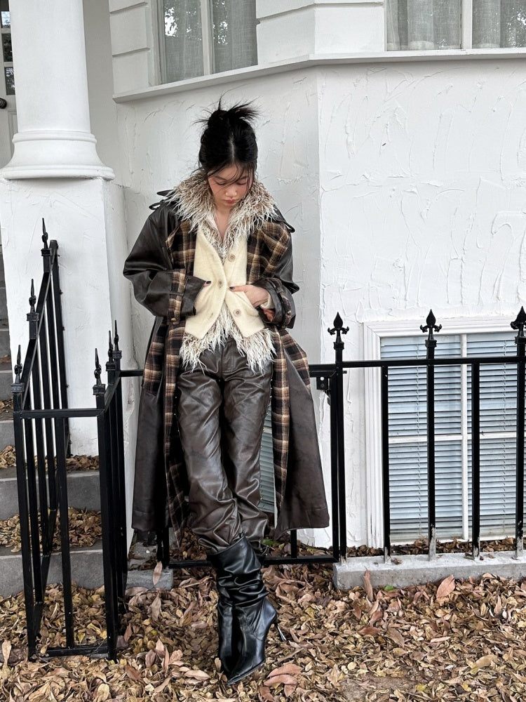 Plaid Splicing PU Leather Double Breasted Long Jacket【s0000004160】