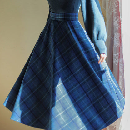 Blue Indigo Checkered Umbrella Skirt