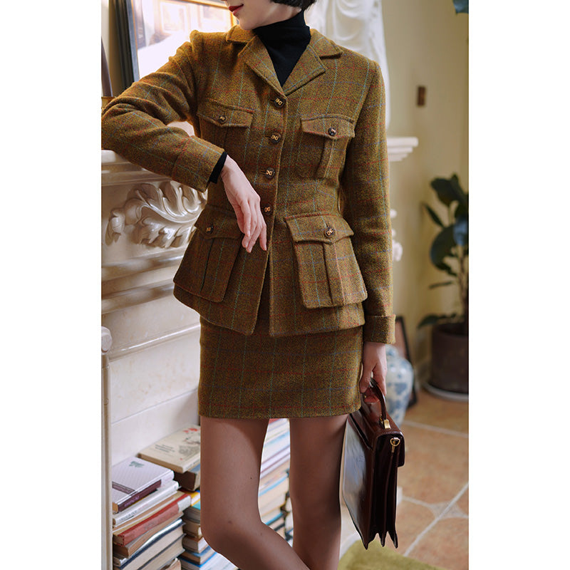 Gray-yellow-green plaid tweed jacket and tweed skirt