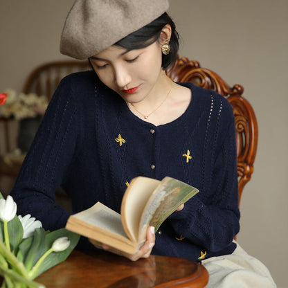 Dark blue floral embroidery knit cardigan