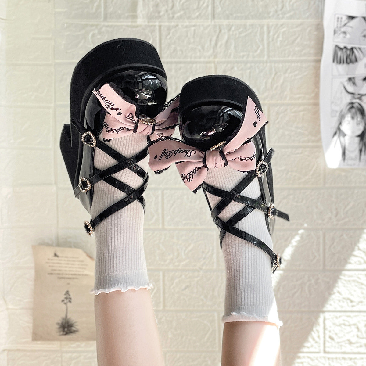 Sheep Puff - Black Pink Japanese Lolita Thick Heel Shoes