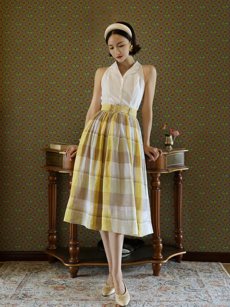 Pale yellow plaid retro umbrella skirt