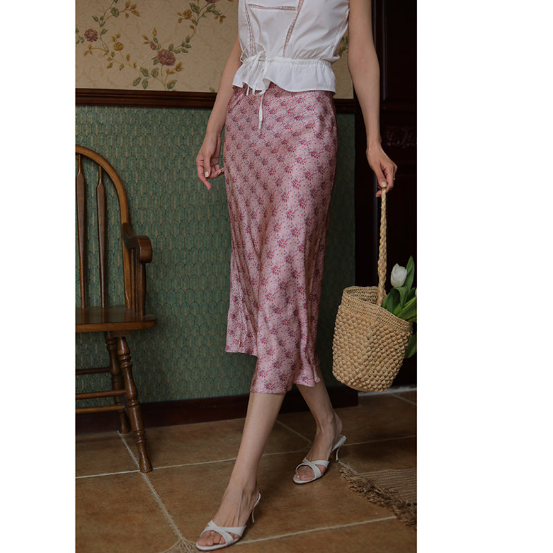 Pink flower pattern french skirt