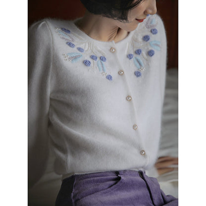 blue flower embroidery knit cardigan