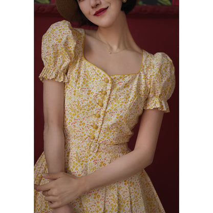 Yellow flower retro dress and embroidered apron