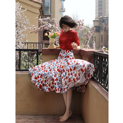 oil painting flower pattern hepburn skirt