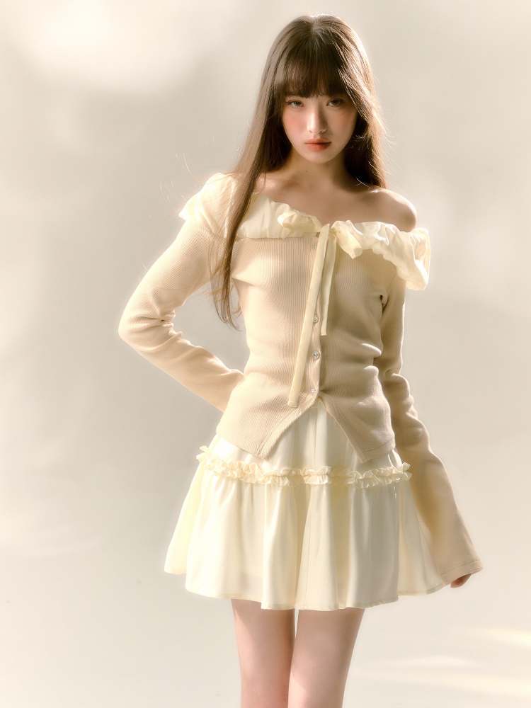 Lace Off Shoulder Knit Tops & Tutu Mini Skirts【s0000007365】