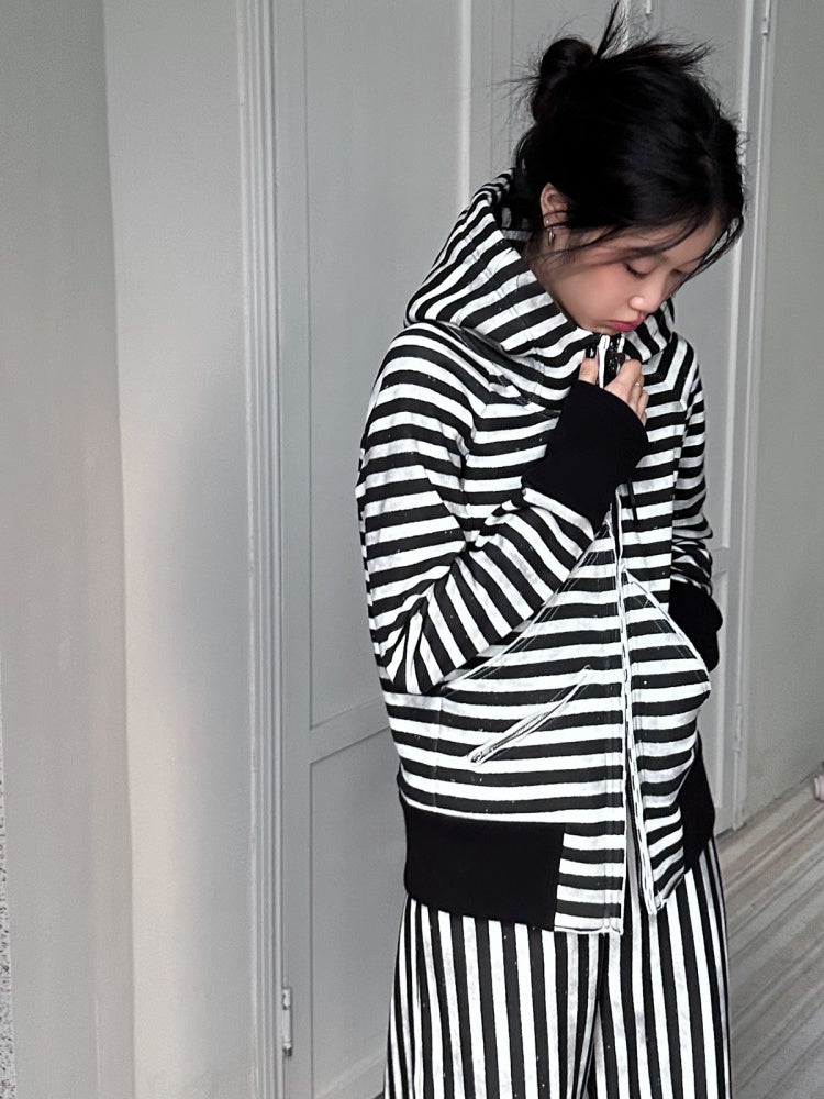 Striped Zipper Hooded Sweat Jacket & Pants Setup【s0000004162】