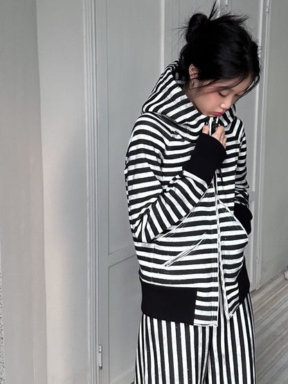 Striped Zipper Hooded Sweat Jacket & Pants Setup【s0000004162】