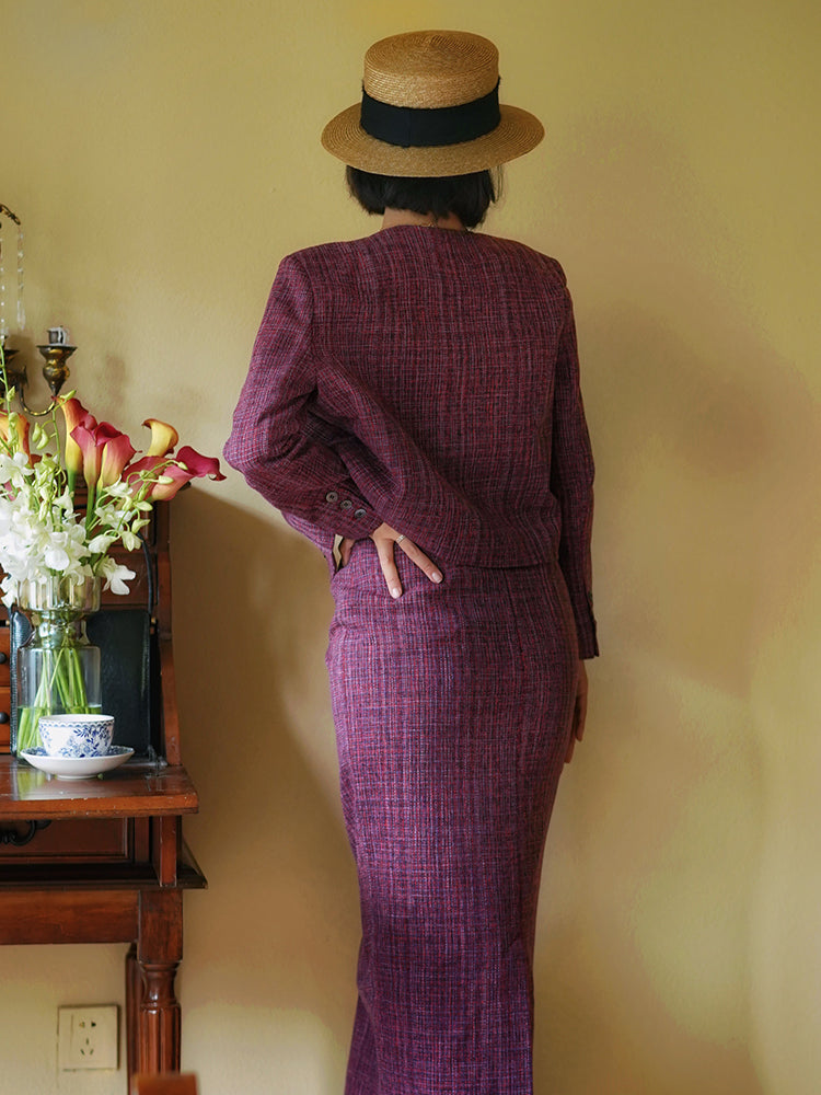 Blue-purple lady tweed jacket and classical skirt