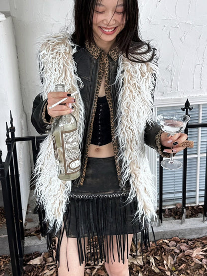 Leopard Pattern Splicing Leather Jacket & Wide Pants【s0000004172】