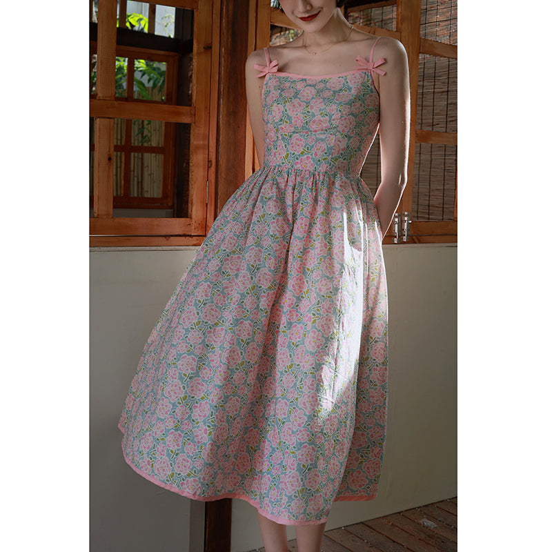 Baby Pink Flower Crowd Retro Camisole Dress