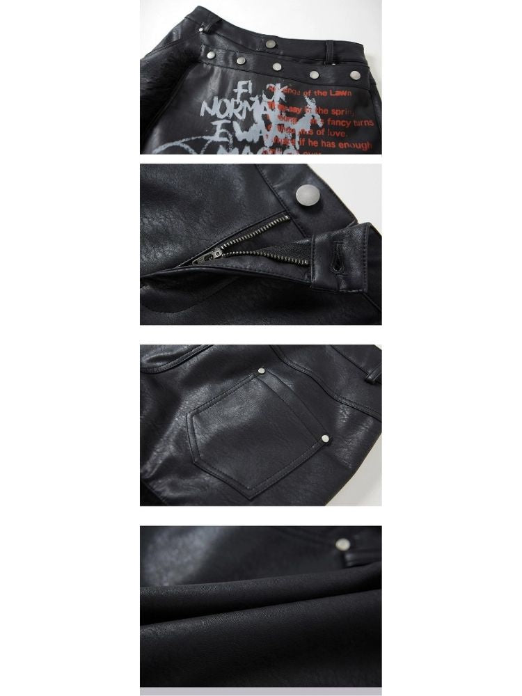 Black leather spelling wool package hip dress pants【s0000004515】