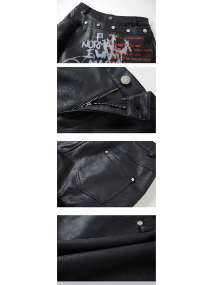 Black leather spelling wool package hip dress pants【s0000004515】