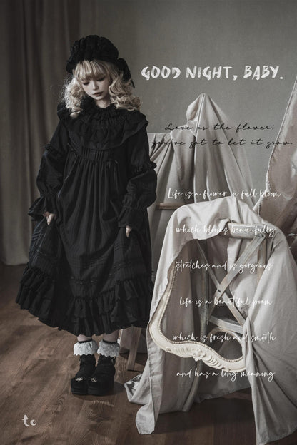 Sanshanjiu - Goodnight Black - Gothic Lolita Black OP with Round Cape Collar