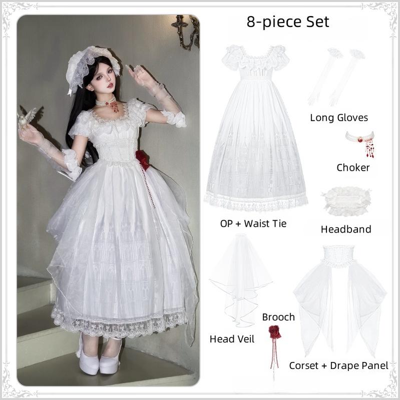 With PUJI - Dawn's Last Light - Castle Printed White Gothic Lolita OP, Two Length Styles