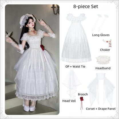 With PUJI - Dawn's Last Light - Castle Printed White Gothic Lolita OP, Two Length Styles