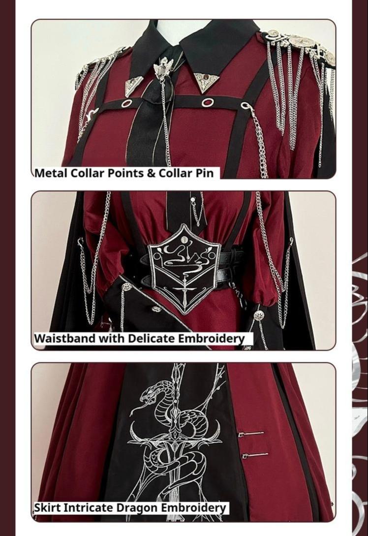 CHUNLV LOLITA - Crimson Knight - Military Lolita Dress Outfit Red OP Black Cloak Waistband