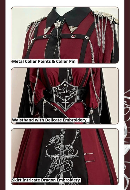 CHUNLV LOLITA - Crimson Knight - Military Lolita Dress Outfit Red OP Black Cloak Waistband