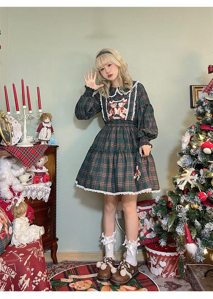Labeau - Christmas Vintage Lolita Skirts Doll Collar Blouse Plaid Skirt Set