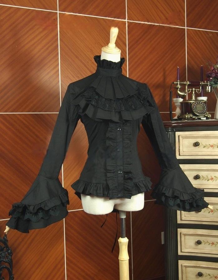 Lace Garden - Dark Angel - Gothic Lolita Shirt with Long Sleeve and Ruffled Long Tail