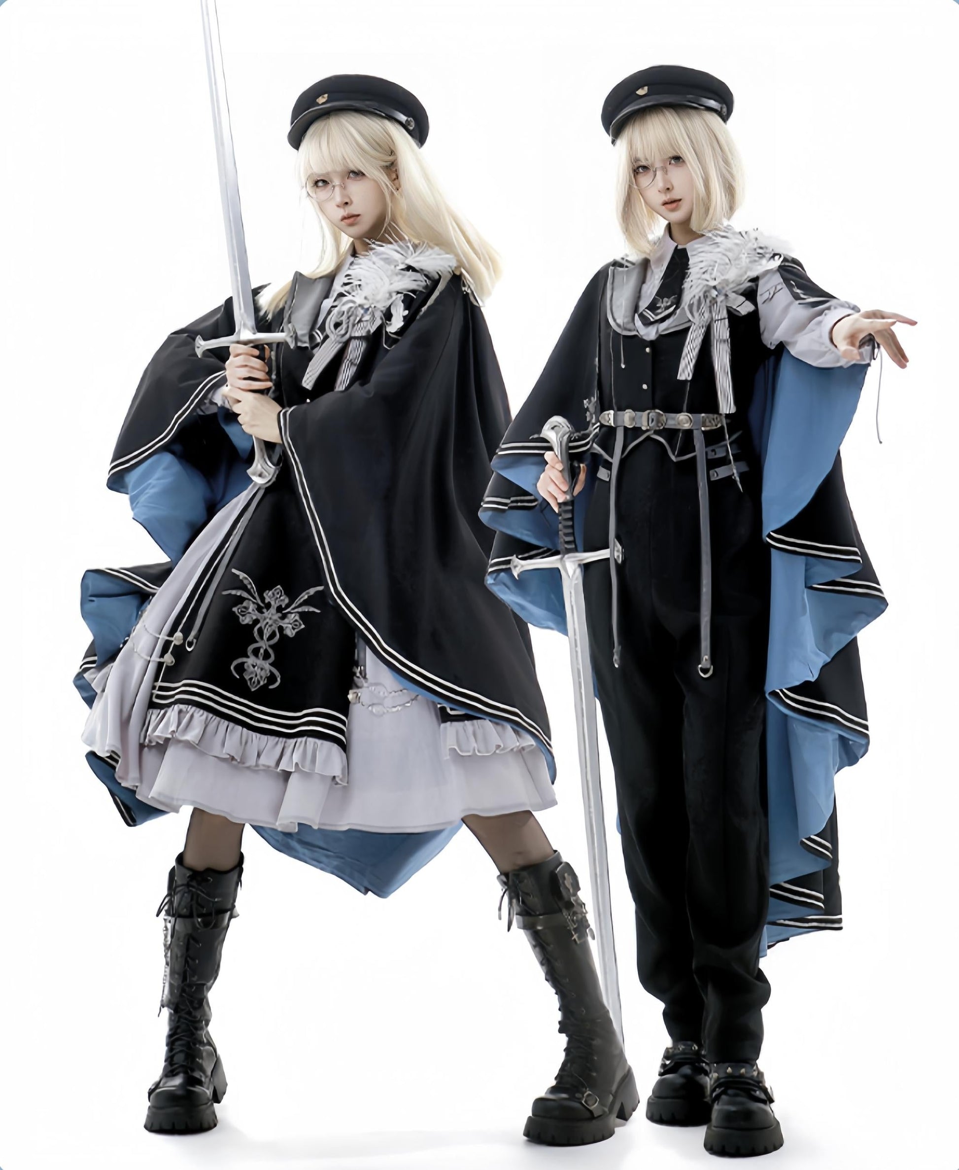 CHUNLV LOLITA - Dark Night Contract - Blue Military Lolita Pants Long Cape Couple Suit