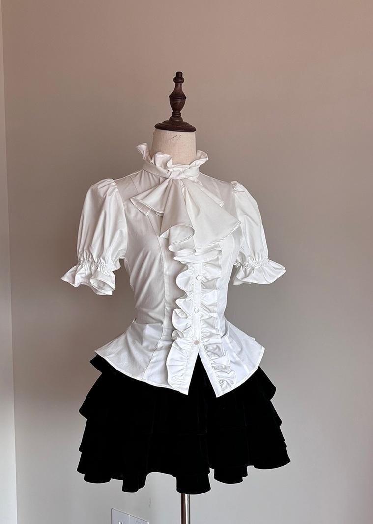 FlowerFairyDaily - Trace Night - Gothic Lolita Short-sleeved Shirt with Adjustable Waist