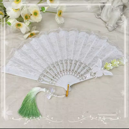 Cocoa Jam - Han Lolita Fan Decorative Folding Fan with Butterfly and Flowers Tassel