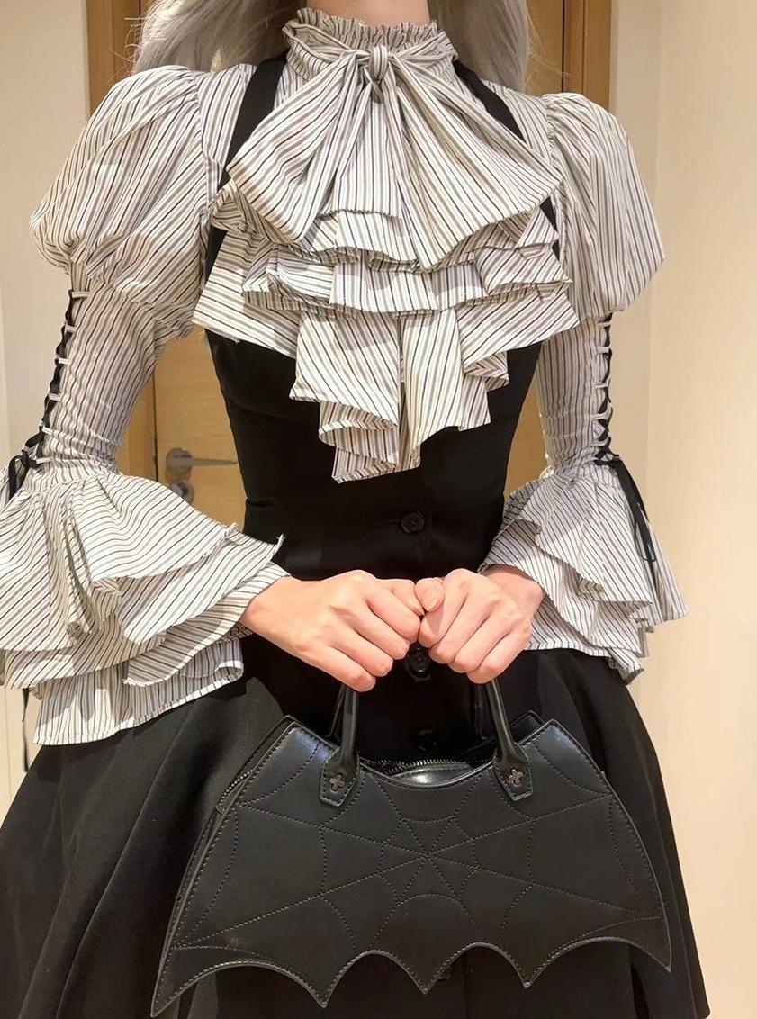 FlowerFairyDaily - Gothic Lolita Striped Shirt With Alternative NeckTie/Jabot