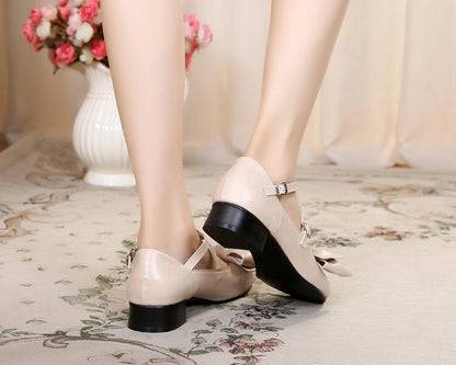 Sosic - Bow and Low Heel Cross Band Lolita Leather Shoes